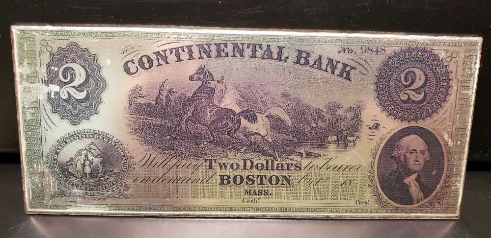 Silver "America's First Bank Notes" 4 Oz. .999 Fine Silver Bar, Continental Bank, Boston $2